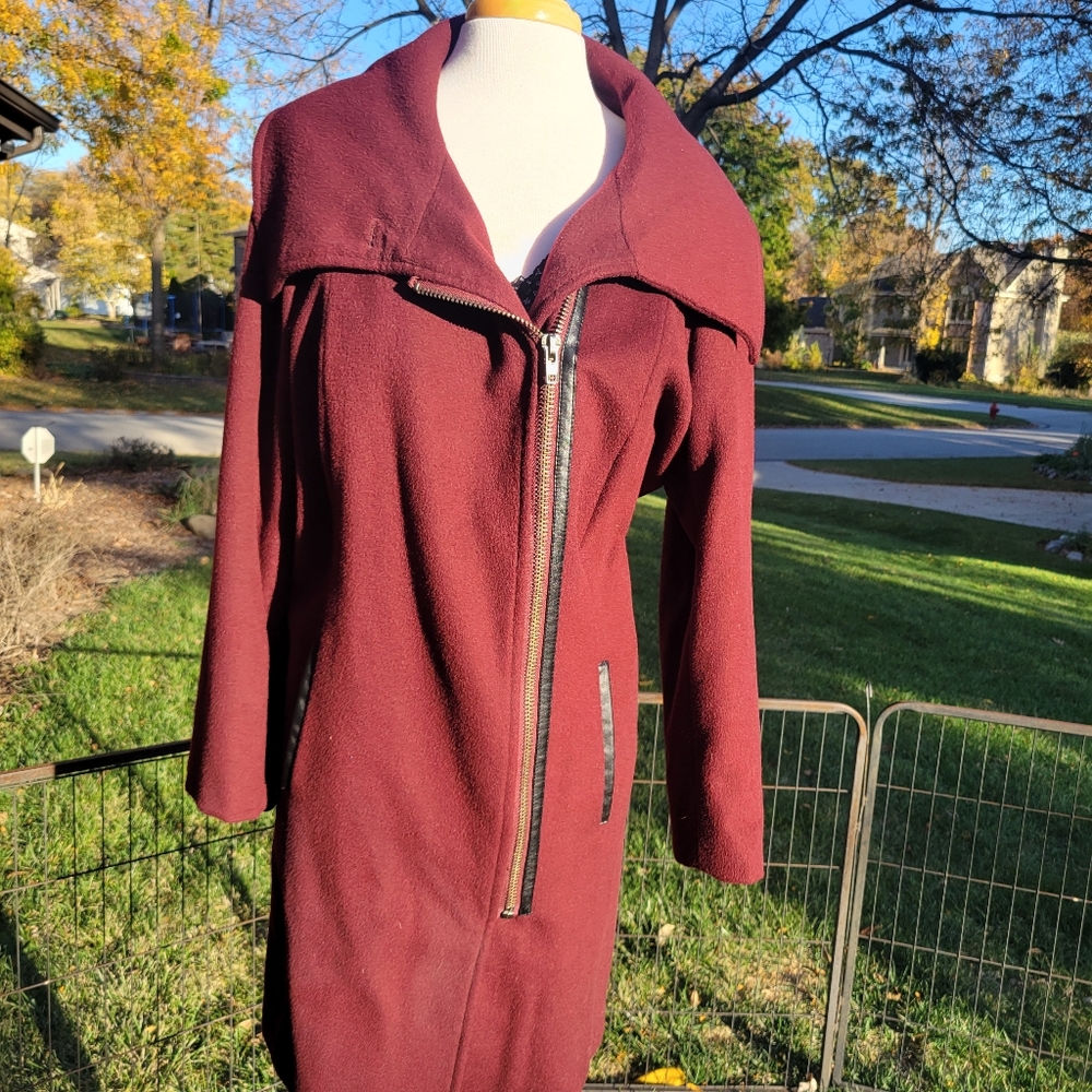 Modernist Asymmetrical Faux Leather Trim/Shawl Collar Winter Coat-1X